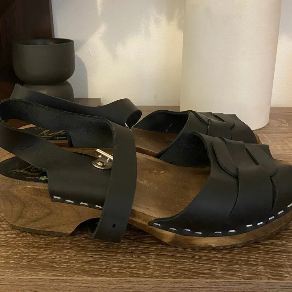 Lotta From Stockholm Low Peep Toe Black Clogs on Brown Base USA 8.5, EUR 39 - Picture 3 of 3